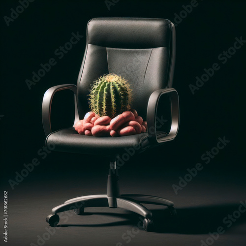 Office chair with cactus on the seat on a black background, hemorrhoids concept. ai generative photo
