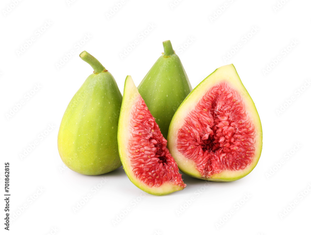Cut and whole fresh green figs isolated on white Cut and whole fresh green figs isolated on white