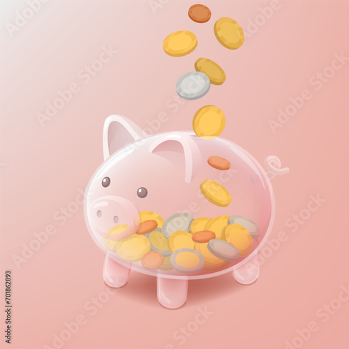 Coins falling inside a glass piggy bank