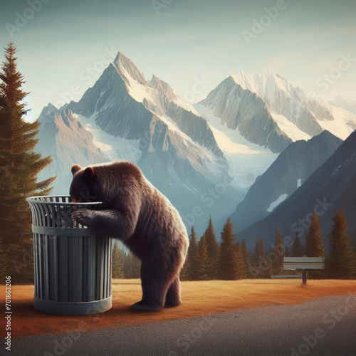 Bear Digging through a trashcan. Represents mountain life and the importance of keeping trash. ai generative photo