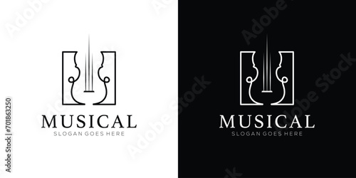 Simple Violin Logo. Orchestra Fiddle Music Silhouette in Square Shape with Linear Outline Style Icon Symbol Vector Design Template.