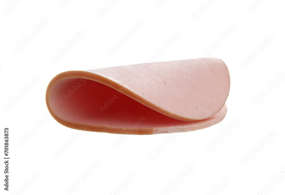 Slice of tasty boiled sausage isolated on white Slice of tasty boiled sausage isolated on white