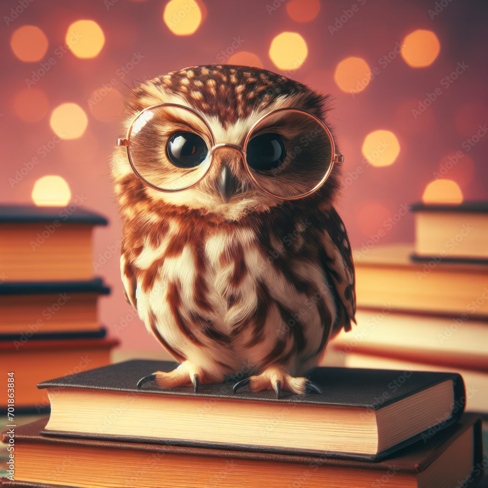 custom made wallpaper toronto digitalphoto of an owl with glasses sits on a stack of books on a color solid background. ai generative