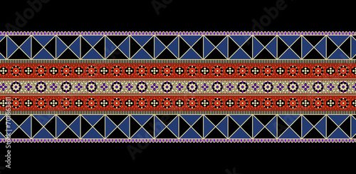 Embroidery Cross Stitch. Ethnic Patterns. Pixel Horizontal Seamless Vector. Geometric Ethnic Indian pattern. Native Ethnic pattern. Cross Stitch Border. Texture Textile Fabric Clothing Knitwear print. photo