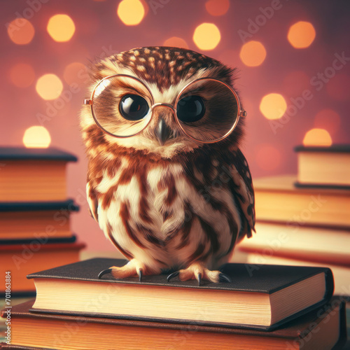 photo of an owl with glasses sits on a stack of books on a color solid background. ai generative