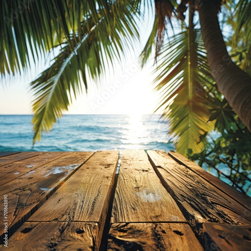 Weathered wooden planks provide a natural foreground to a soft-focus tropical beach scene, with palm fronds framing the dazzling turquoise sea