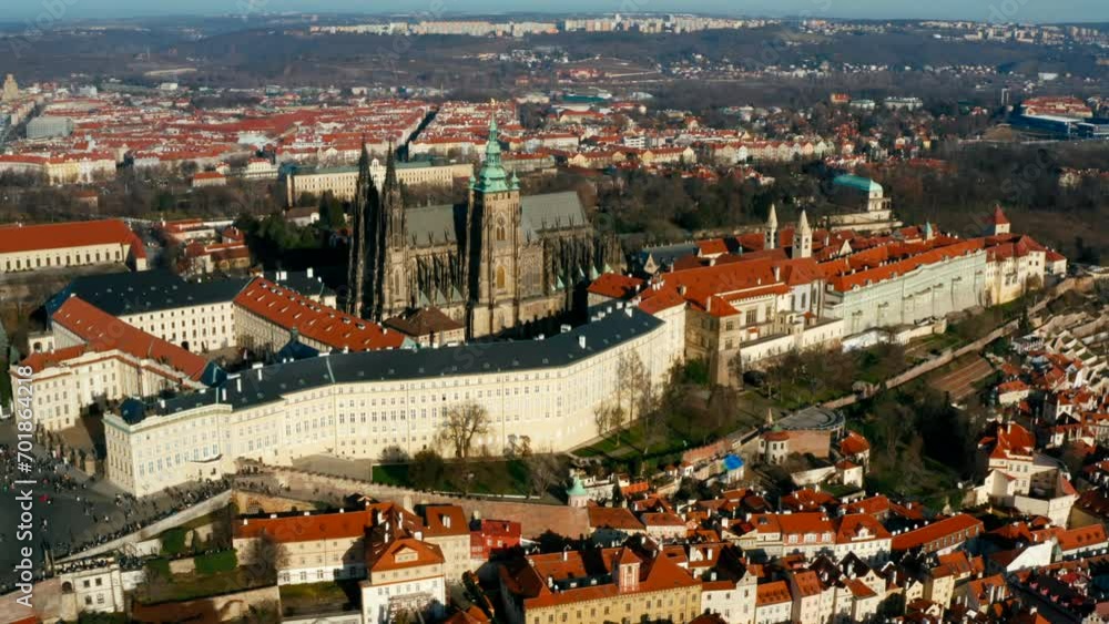 Aerial panorama of Prague cityscape, capital of Czech Republic. European Old town view from above with Praha Castle and red roofs skyline. 4K drone establishing shot Aerial panorama of Prague cityscape, capital of Czech Republic. European Old town view from above with Praha Castle and red roofs skyline. 4K drone establishing shot
