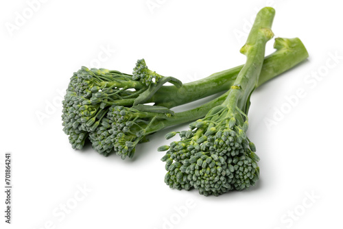 Fresh raw green broccolini close up isolated on white background