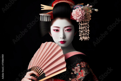 Portrait of a japanese Geisha in traditional clothes on black background. ai generative