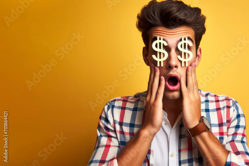Portrait of a surprised young man with a dollar sign eyes on a solid yellow background. ai generative