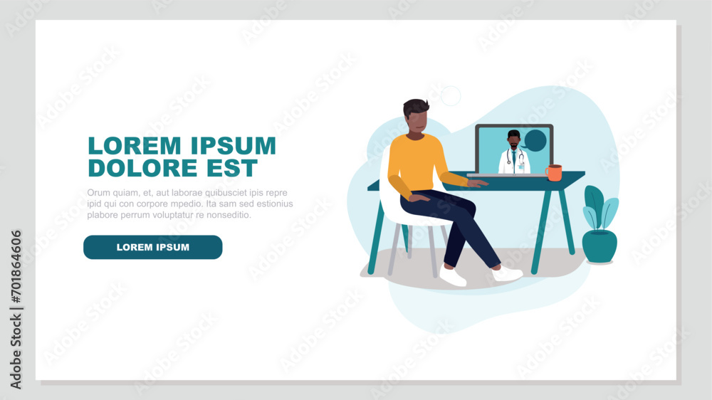 Vektor-Illustration einer Person an einem Schreibtisch im Gespräch mit einem Arzt online auf einem Laptop - Health Concept Vektor-Illustration einer Person an einem Schreibtisch im Gespräch mit einem Arzt online auf einem Laptop - Health Concept