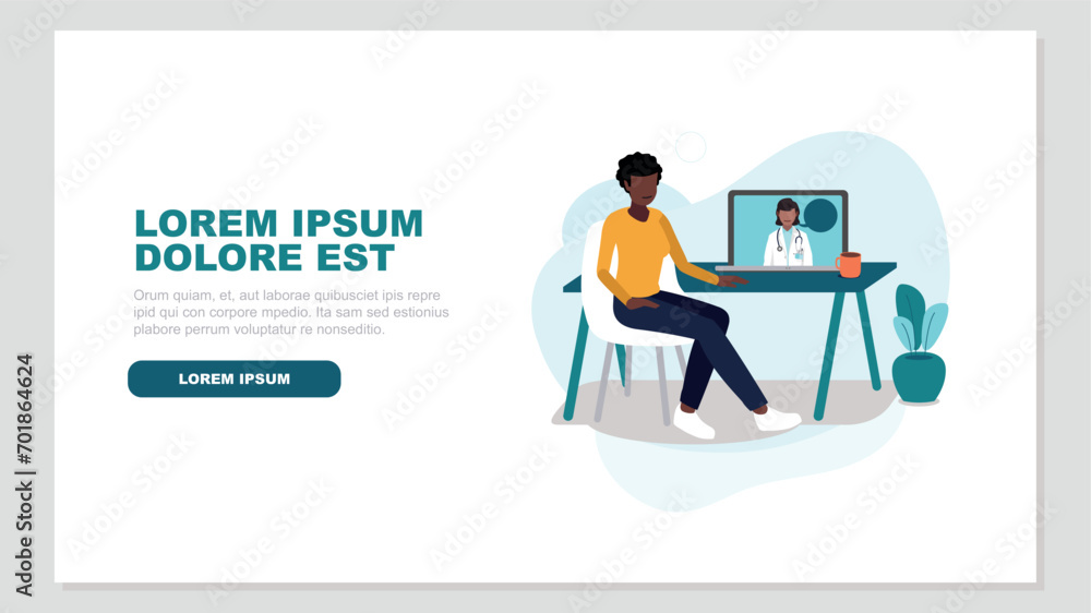 Vektor-Illustration einer Person an einem Schreibtisch im Gespräch mit einem Arzt online auf einem Laptop - Health Concept Vektor-Illustration einer Person an einem Schreibtisch im Gespräch mit einem Arzt online auf einem Laptop - Health Concept