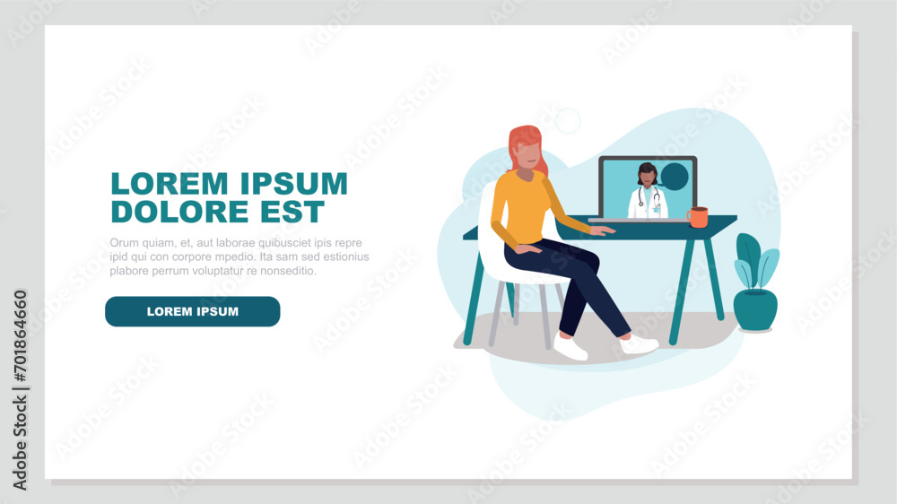 Vektor-Illustration einer Person an einem Schreibtisch im Gespräch mit einem Arzt online auf einem Laptop - Health Concept Vektor-Illustration einer Person an einem Schreibtisch im Gespräch mit einem Arzt online auf einem Laptop - Health Concept