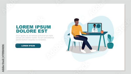 Vektor-Illustration  einer Person an einem Schreibtisch im Gespräch mit einem Arzt online auf einem Laptop - Health Concept