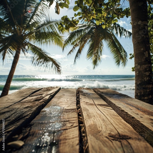 An inviting scene of a wooden deck leading the gaze to a sparkling sea under a bright, sunlit sky, fringed by gentle palm leaves