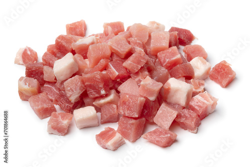 Heap of smoked bacon cubes isolated on white background close up