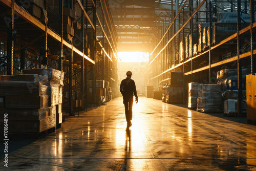 Industrial Worker Maneuvering Loader Inside Warehouse