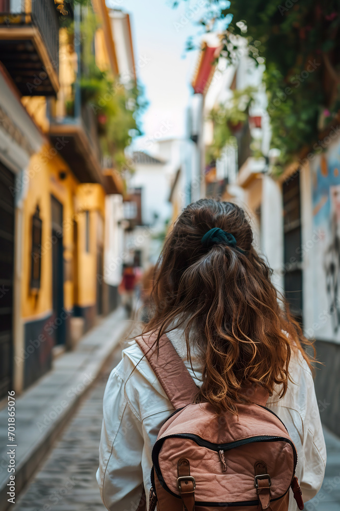 Girl Trekking Through a Picturesque Southern Town