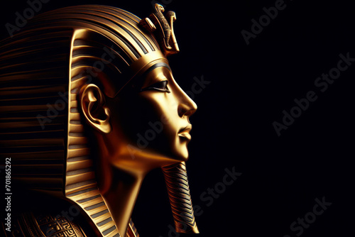 Pharaoh Tutankhamuns golden death mask on solid black background. ai generative photo
