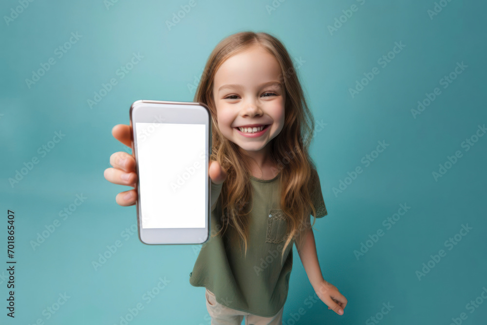 smiling Kid girl show a smartphone with white screen mockup on solid color background. ai generative smiling Kid girl show a smartphone with white screen mockup on solid color background. ai generative