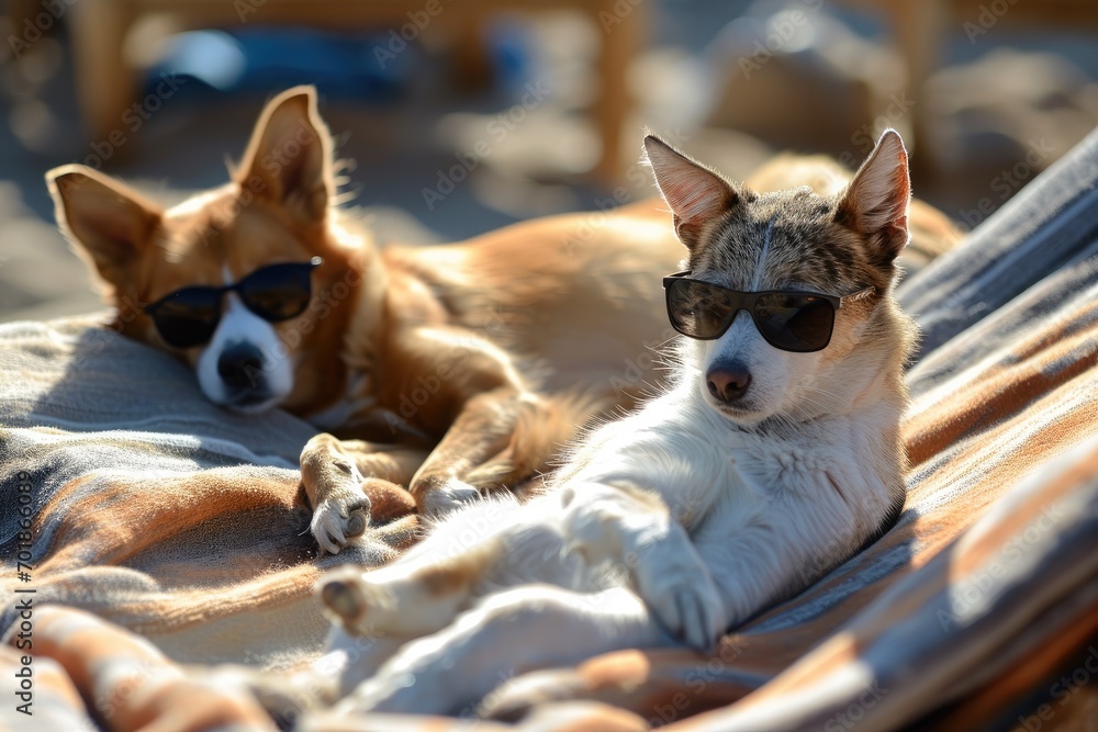 A cat with pink sunglasses and a dog with mirrored shades look like the ultimate summer siblings, embracing the laid-back beach vibes.