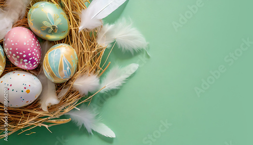 Fond fête de Pâques, œufs dans un nid sur fond uni coloré, avec zone de texte ou titre photo