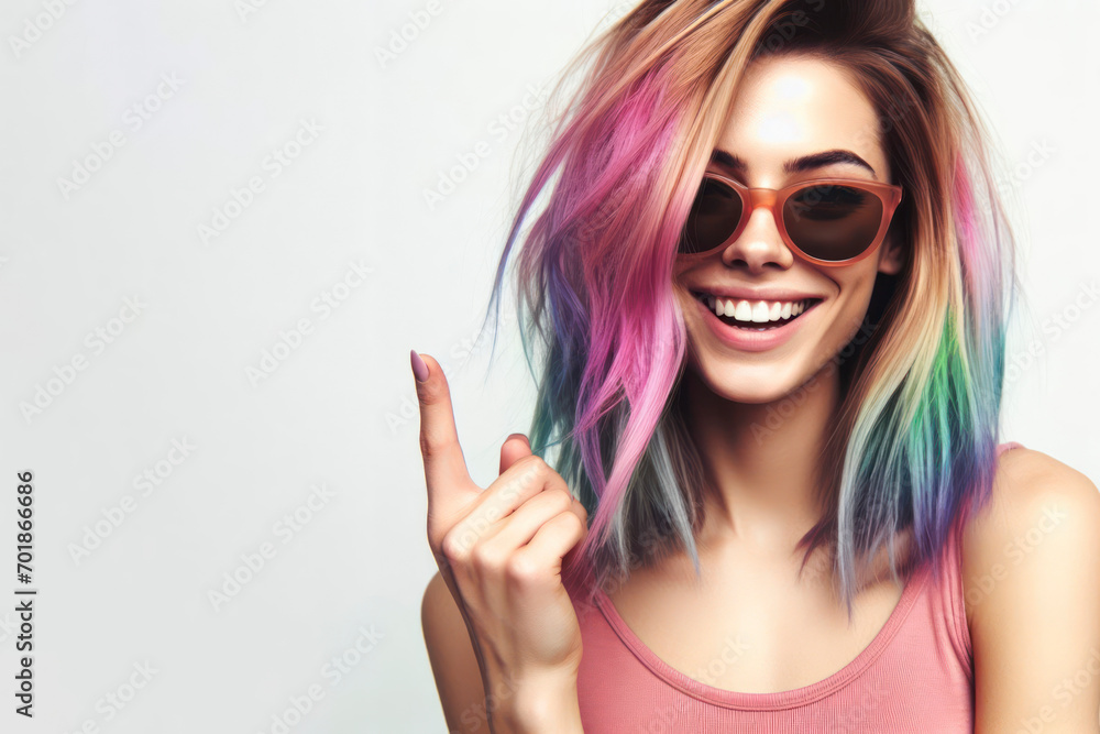 Young woman with colorful dyed hair, sunglasses, cheeky attitude, smiling and pointing finger up. ai generative Young woman with colorful dyed hair, sunglasses, cheeky attitude, smiling and pointing finger up. ai generative