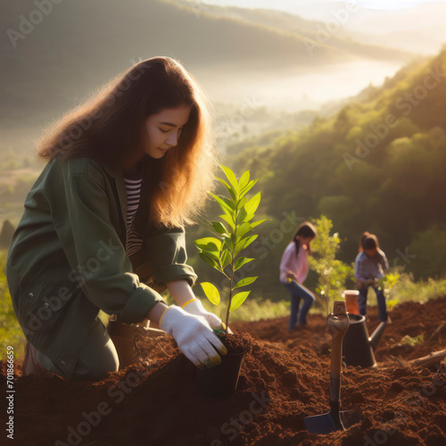 young girl volunteer planting small tree in morning in spring on mountain, concept save earth. ai generative