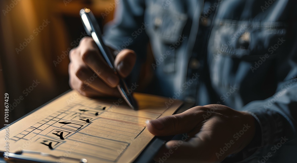 A man holding a checklist file in his hand and checking it with a pen ...