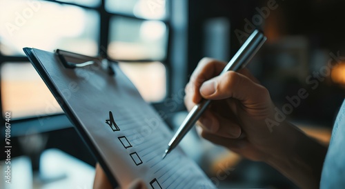 A man holding a checklist file in his hand and checking it with a pen to tick correct sign mark in checkbox for quality document control checklist. generative AI