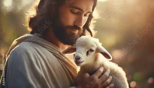 Depiction of Jesus Christ as Shepherd - Jesus Christ holding a Lamb - Blessing to Humanity - Imagination of Redemption and Faith