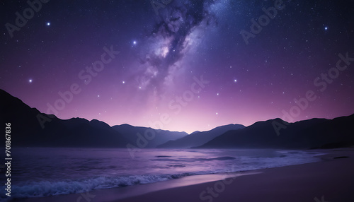 A dark purple background adorned with light waves, shimmering stars, and dots, evokes a dreamy and otherworldly atmosphere. © simo