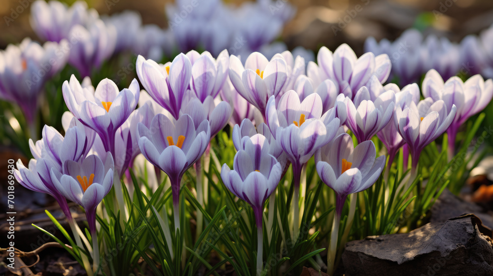 Purple and white crocuses with bright orange stigmas blooming amidst fallen leaves, capturing the essence of spring. Purple and white crocuses with bright orange stigmas blooming amidst fallen leaves, capturing the essence of spring.