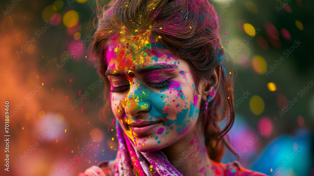 portrait of a woman during india color festival