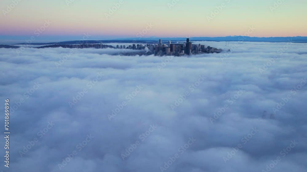 Seattle Skyline in Blanket of Morning Clouds Aerial View Seattle Skyline in Blanket of Morning Clouds Aerial View