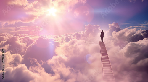 the sky and the clouds, staircase to heaven with human standing on top of it #701869867