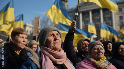 crowd of ukrainian people fighting for their freedom concept raising their flags © PiTeRoVs