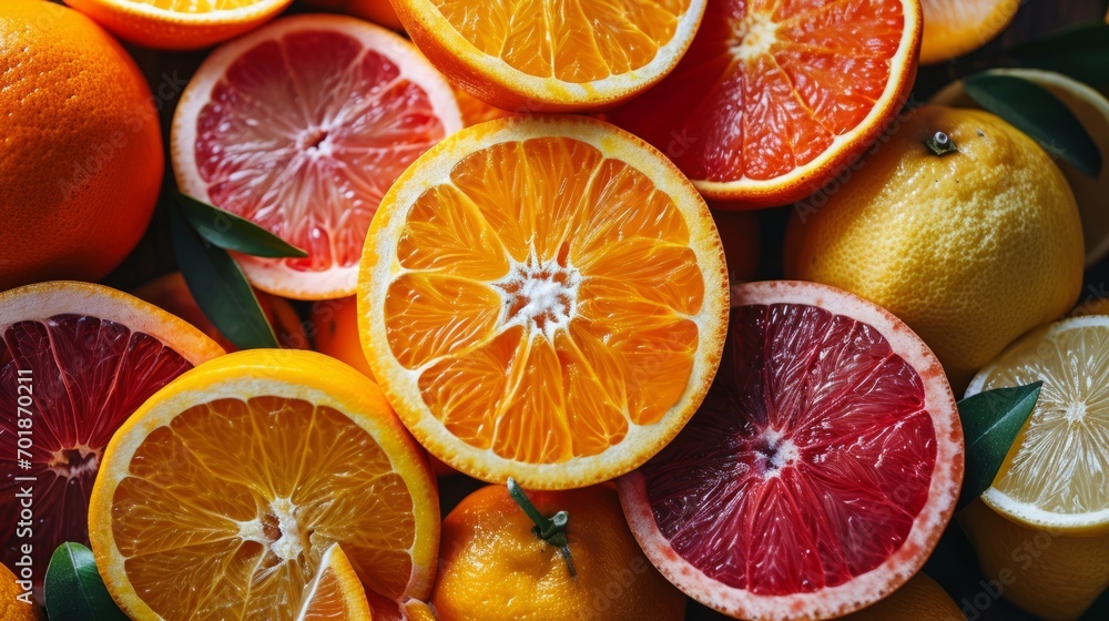Vivid spread of various citrus fruits top close up view. Vivid spread of various citrus fruits top close up view.