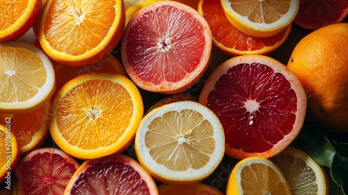 Vivid spread of various citrus fruits top close up view.
