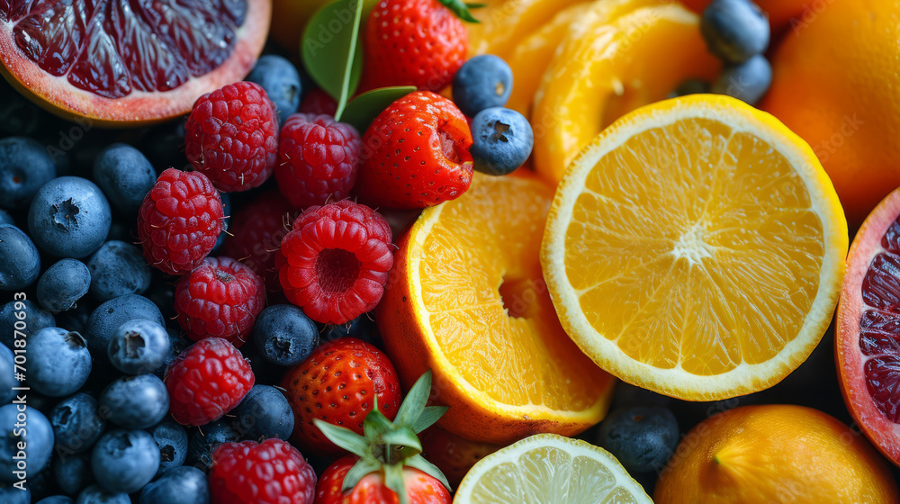 Lush, sliced citrus fruits mixed with berries. Lush, sliced citrus fruits mixed with berries.