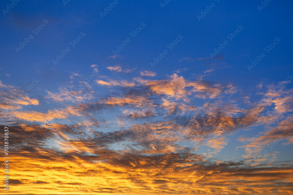 Gentle Sky at Sunset Sunrise with real sun and clouds. Real sunset sky, colorful sky during sunset or sunrise, weather, colorful colors of the sky