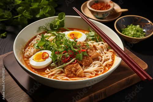 Traditional noodle soup laksa with added egg  generative ai
