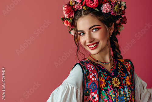 portrait of a woman, Bulgarian Woman in Nosia with Colorful Embroidery, Copyspace, Traditional Attire, Model photography photo