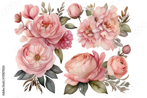 AI generated watercolor bouquet. watercolor flowers and leaves illustration for wedding, greetings, stationary, wallpapers, fashion, background. rose, blossom, olive, green leaves, Eucalyptus etc
