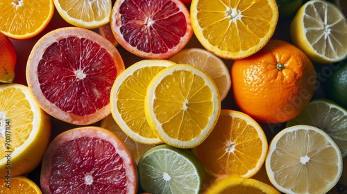 Vivid spread of various citrus fruits top close up view.