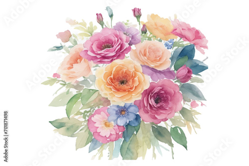 AI generated watercolor bouquet. watercolor flowers and leaves illustration for wedding, greetings, stationary, wallpapers, fashion, background. rose, blossom, olive, green leaves, Eucalyptus etc © kamrun