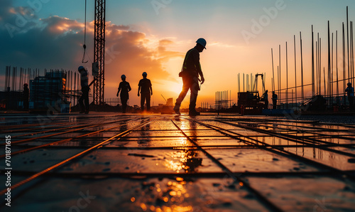 
silhouette construction worker Concrete pouring during commercial concreting floors of building in construction site and Civil Engineer or Construction engineer inspect work