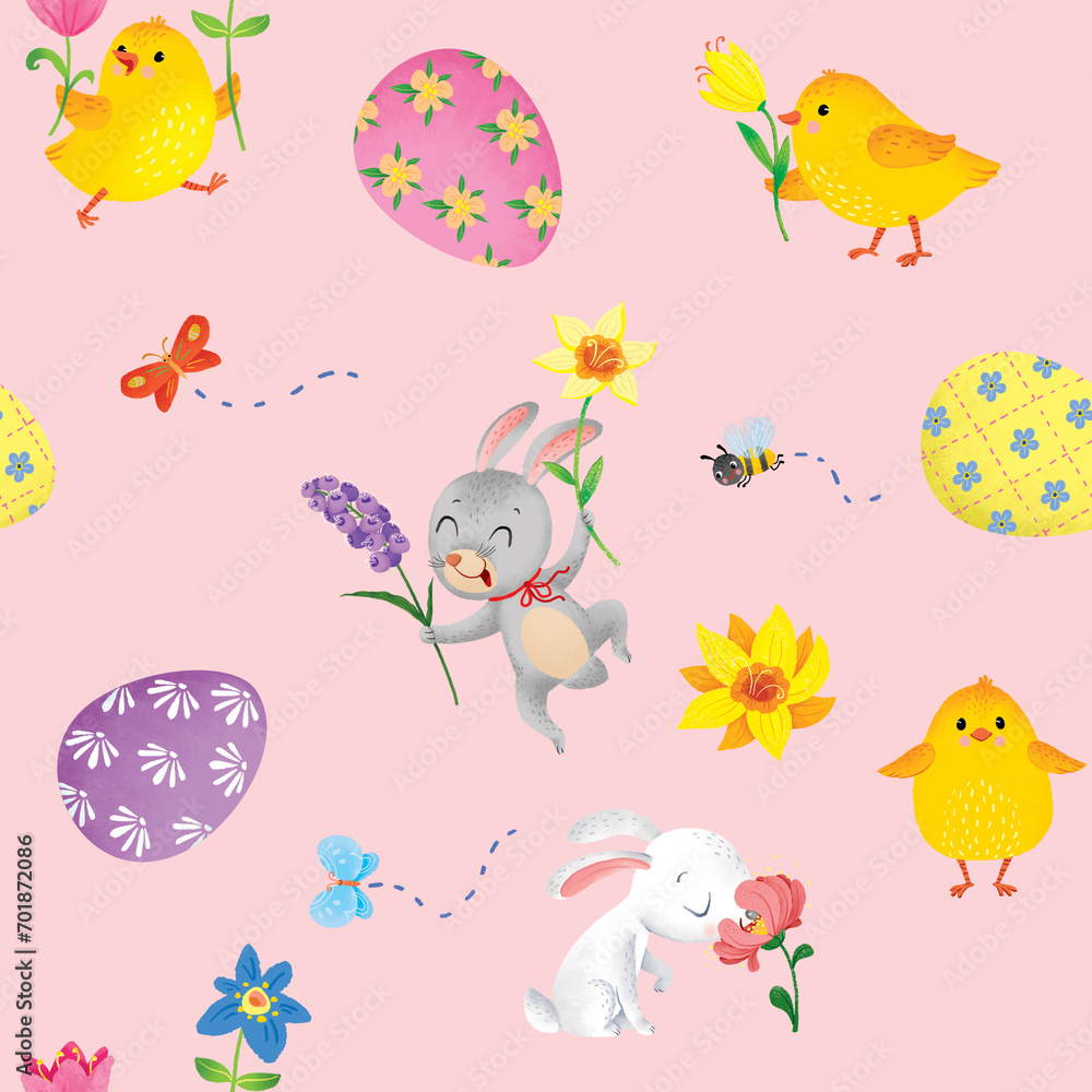 Fototapeta premium seamless pattern with chickens, rabbits and flowers