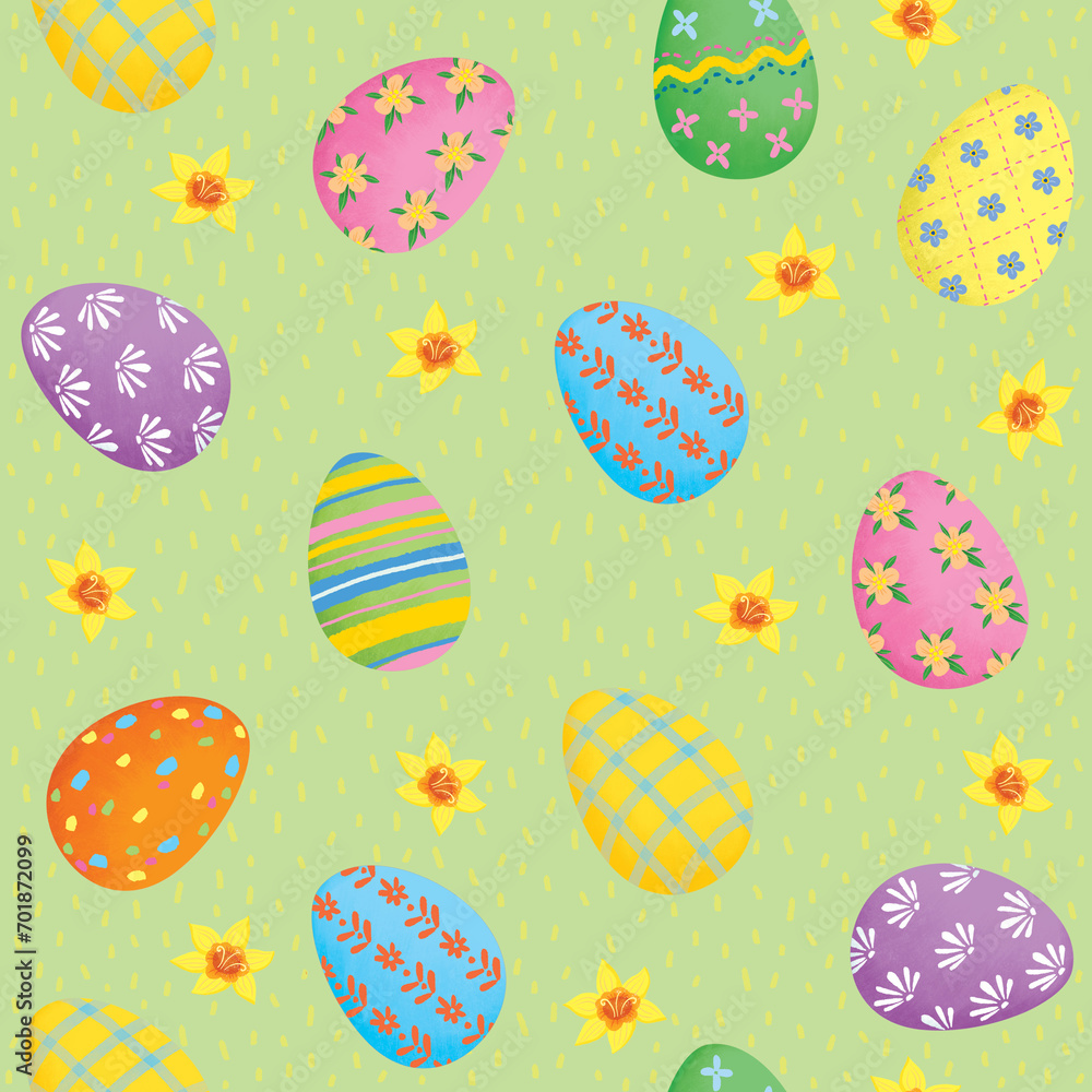 easter seamless pattern with painted eggs and narcissus flowers easter seamless pattern with painted eggs and narcissus flowers