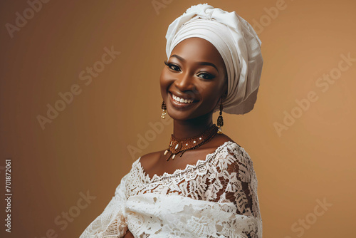 portrait of a Nigerian woman, Nigerian Woman in Traditional Yoruba Attire with Head Tie, model photography, Traditional Attire photo